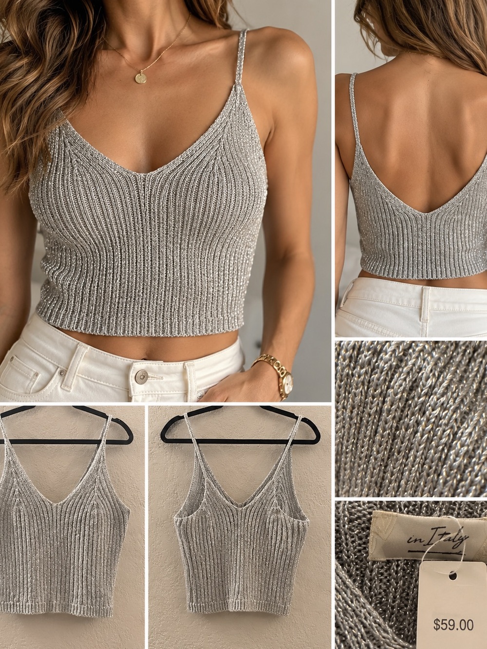 NWT Made in Italy Silver Metallic Lurex Knit Crop Top – V-Neck Cami